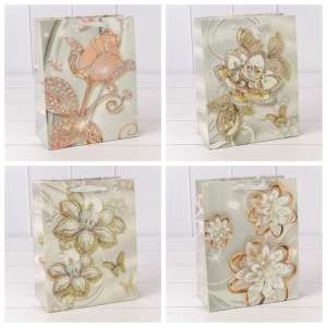 Пакет картон ламинир. 14*20*7 Цветы (микс) с блёстками1/20